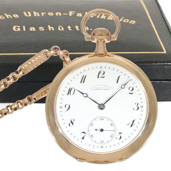 German 14 carat gold pocket watch with chain and box Circa 1915