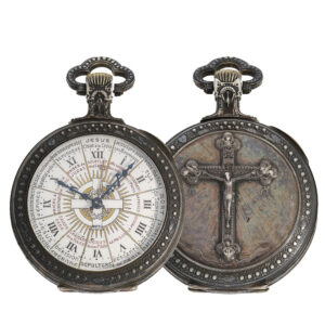 French pocket watch with silver relief housing and Jesus cross on the back Circa 1880