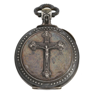 French pocket watch with silver relief housing and Jesus cross on the back Circa 1880