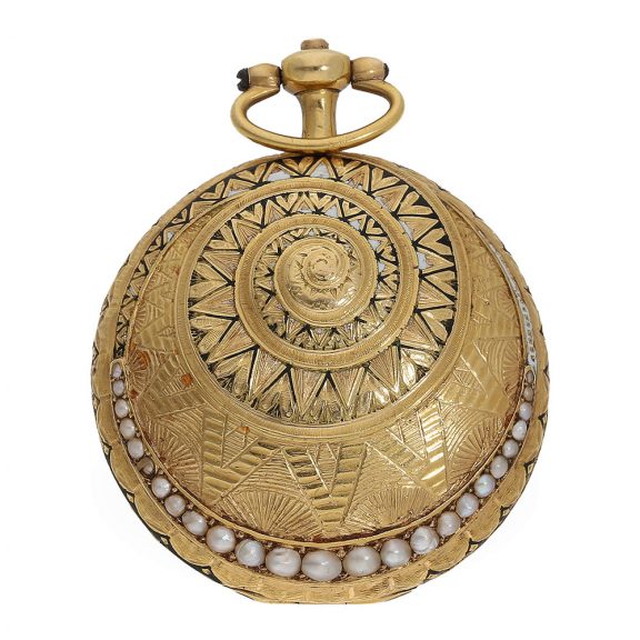 18 Carat gold enamel form watch with Oriental pearl setting Circa 1800