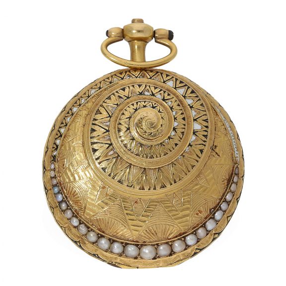 18 Carat gold enamel form watch with Oriental pearl setting Circa 1800 18 Carat gold enamel form watch with Oriental pearl setting Circa 1800