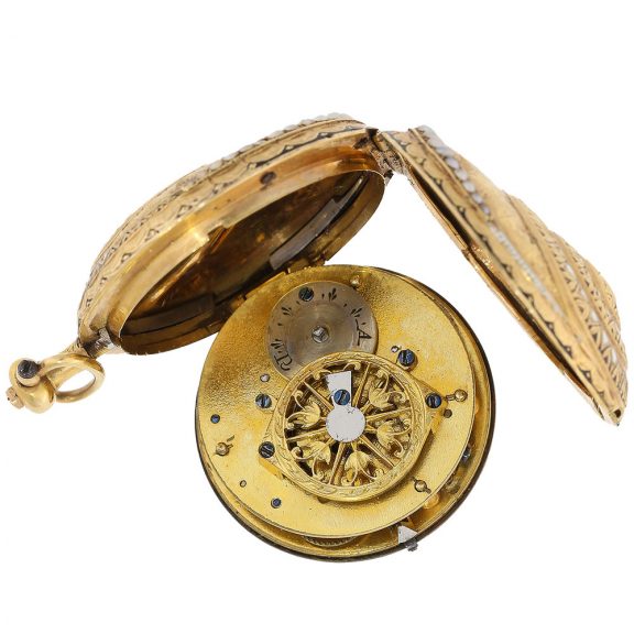 18 Carat gold enamel form watch with Oriental pearl setting Circa 1800 18 Carat gold enamel form watch with Oriental pearl setting Circa 1800