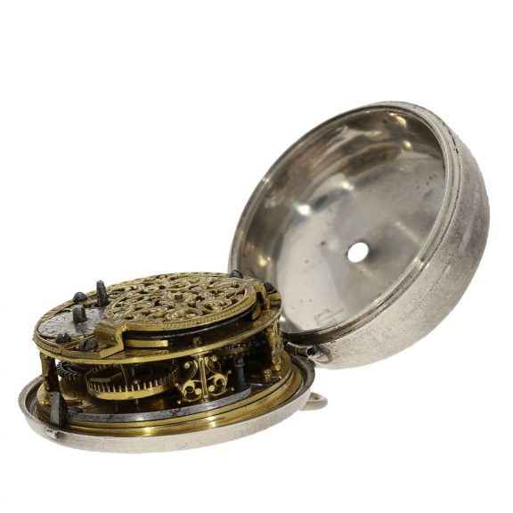German large silver verge pocket watch with unique relief case Circa 1740 German large silver verge pocket watch with unique relief case Circa 1740