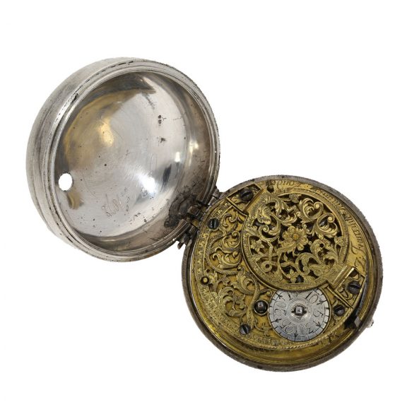 German large silver verge pocket watch with unique relief case Circa 1740 German large silver verge pocket watch with unique relief case Circa 1740