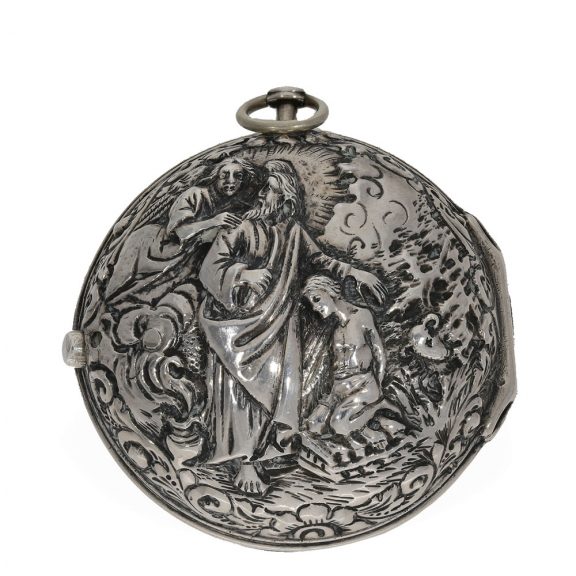 German large silver verge pocket watch with unique relief case Circa 1740 German large silver verge pocket watch with unique relief case Circa 1740