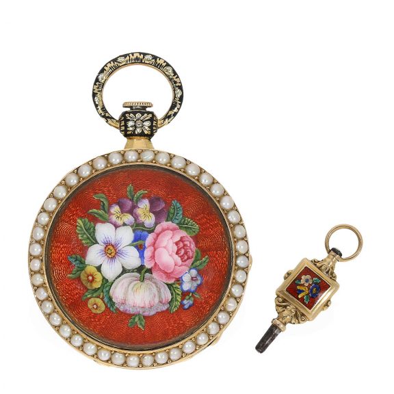Swiss very fine 18 Carat gold enamel lady's watch with original key Circa 1830