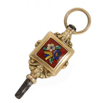 Swiss very fine 18 Carat gold enamel lady's watch with original key Circa 1830