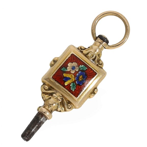 Swiss very fine 18 Carat gold enamel lady's watch with original key Circa 1830 Swiss very fine 18 Carat gold enamel lady's watch with original key Circa 1830