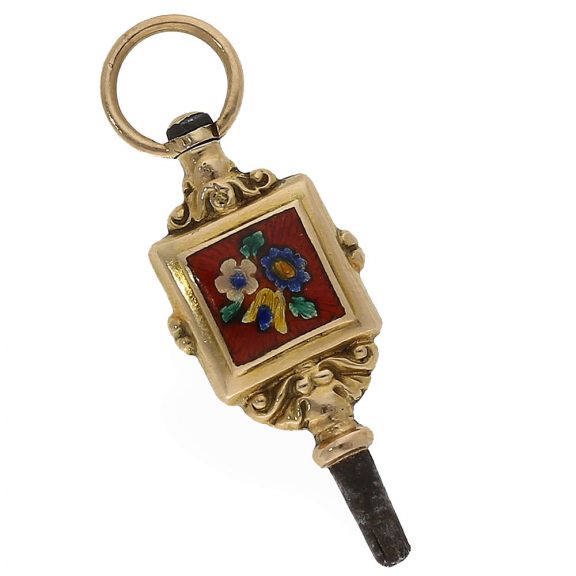 Swiss very fine 18 Carat gold enamel lady's watch with original key Circa 1830 Swiss very fine 18 Carat gold enamel lady's watch with original key Circa 1830