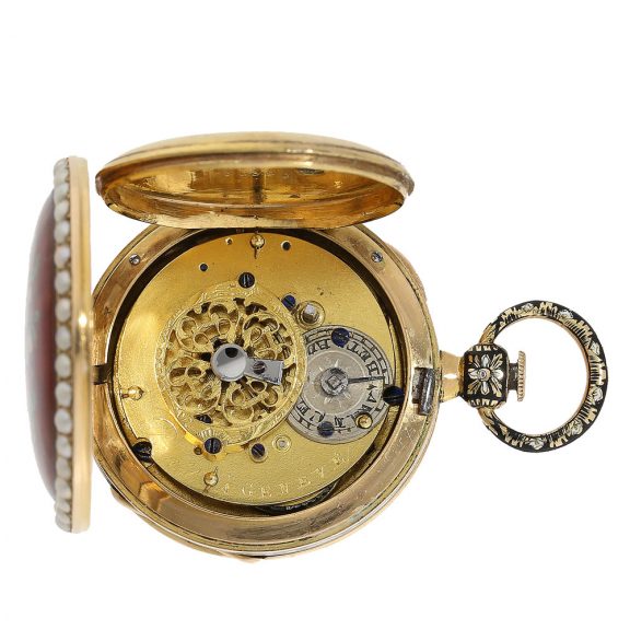 Swiss very fine 18 Carat gold enamel lady's watch with original key Circa 1830 Swiss very fine 18 Carat gold enamel lady's watch with original key Circa 1830