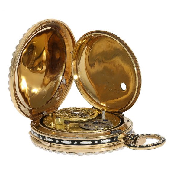 Swiss very fine 18 Carat gold enamel lady's watch with original key Circa 1830 Swiss very fine 18 Carat gold enamel lady's watch with original key Circa 1830