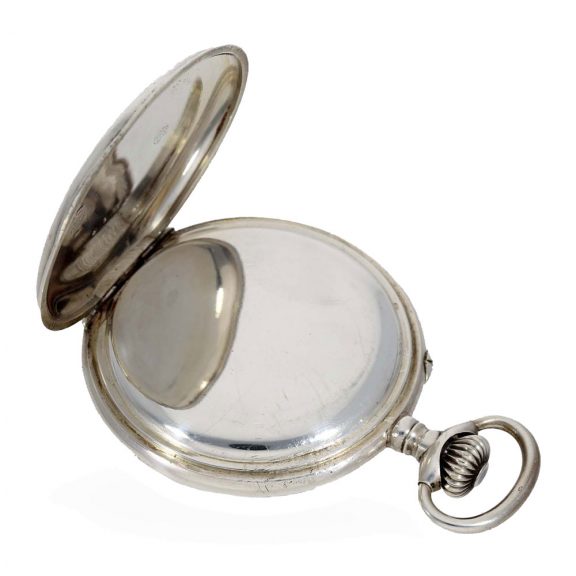 Swiss silver full hunter case watch with visible balance ‘Infini’ Circa 1920 Swiss silver full hunter case watch with visible balance ‘Infini’ Circa 1920