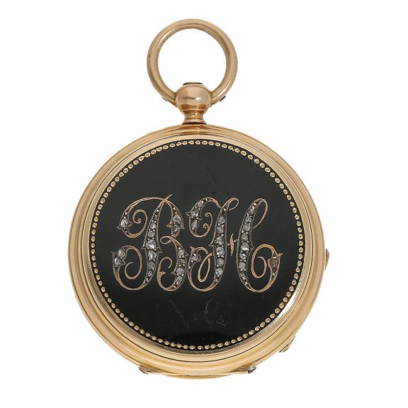 Swiss 18 carat gold Memento Mori chatelaine watch set Circa 1878 Swiss 18 carat gold Memento Mori chatelaine watch set Circa 1878