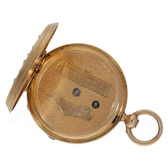 Swiss 18 carat gold Memento Mori chatelaine watch set Circa 1878 Swiss 18 carat gold Memento Mori chatelaine watch set Circa 1878