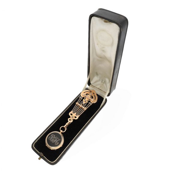 Swiss 18 carat gold Memento Mori chatelaine watch set Circa 1878 Swiss 18 carat gold Memento Mori chatelaine watch set Circa 1878