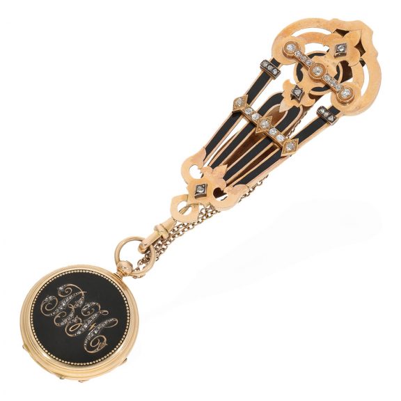 Swiss 18 carat gold Memento Mori chatelaine watch set Circa 1878 Swiss 18 carat gold Memento Mori chatelaine watch set Circa 1878