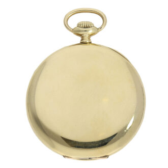 This watch is crafted from 14 Carat gold and has a plain open faced case