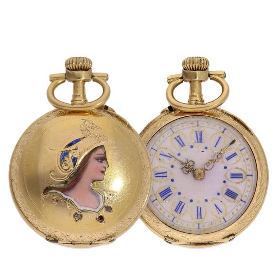 Swiss 18 carat gold and enamel Art Nouveau pocket watch Circa 1900 Swiss 18 carat gold and enamel Art Nouveau pocket watch Circa 1900