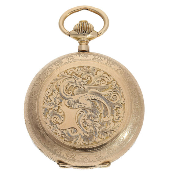 This watch has a 14 Carat gold full hunter case with a Renaissance dragon and floral motifs engraving of very fine quality on front and back This watch has a 14 Carat gold full hunter case with a Renaissance dragon and floral motifs engraving of very fine quality on front and back