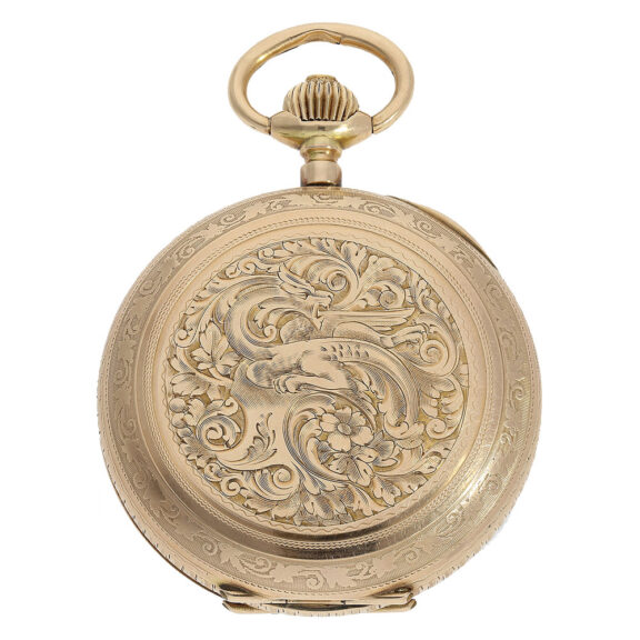 This watch has a 14 Carat gold full hunter case with a Renaissance dragon and floral motifs engraving of very fine quality on front and back This watch has a 14 Carat gold full hunter case with a Renaissance dragon and floral motifs engraving of very fine quality on front and back