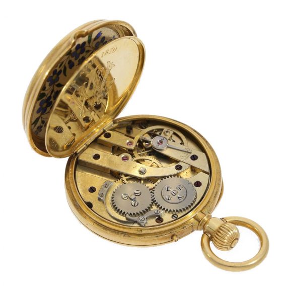 French 18 Carat gold and enamel pocket watch for Chinese market Circa 1870 French 18 Carat gold and enamel pocket watch for Chinese market Circa 1870