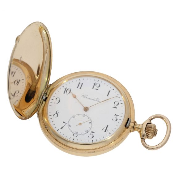 Swiss 14 Carat gold full hunter case watch with chronometer escapement Circa 1900 Swiss 14 Carat gold full hunter case watch with chronometer escapement Circa 1900