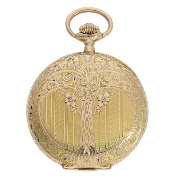 This watch, made from 14 Carat gold, features an intricate engine-turned and on both sides engraved two tone full hunting case This watch, made from 14 Carat gold, features an intricate engine-turned and on both sides engraved two tone full hunting case