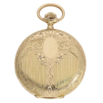 This watch, made from 14 Carat gold, features an intricate engine-turned and on both sides engraved two tone full hunting case This watch, made from 14 Carat gold, features an intricate engine-turned and on both sides engraved two tone full hunting case
