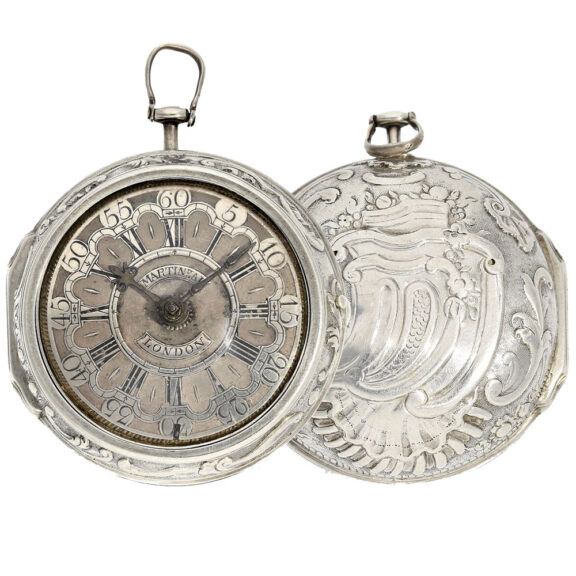 English repoussé silver pair cased verge pocket watch Circa 1720 English repoussé silver pair cased verge pocket watch Circa 1720