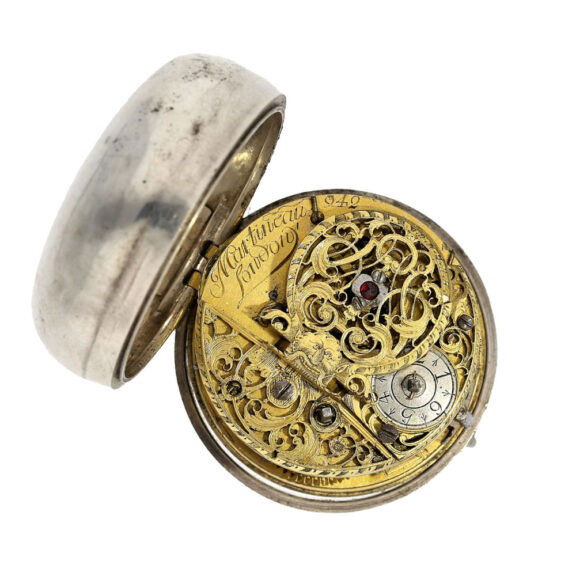 English repoussé silver pair cased verge pocket watch Circa 1720 English repoussé silver pair cased verge pocket watch Circa 1720