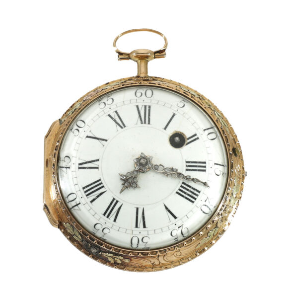 French 18 carat gold Rococo verge watch set with diamonds Circa 1760