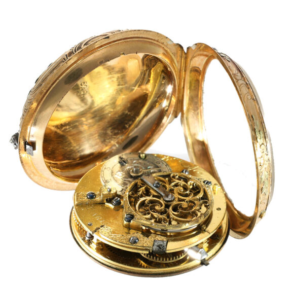 French 18 carat gold Rococo verge watch set with diamonds Circa 1760 French 18 carat gold Rococo verge watch set with diamonds Circa 1760