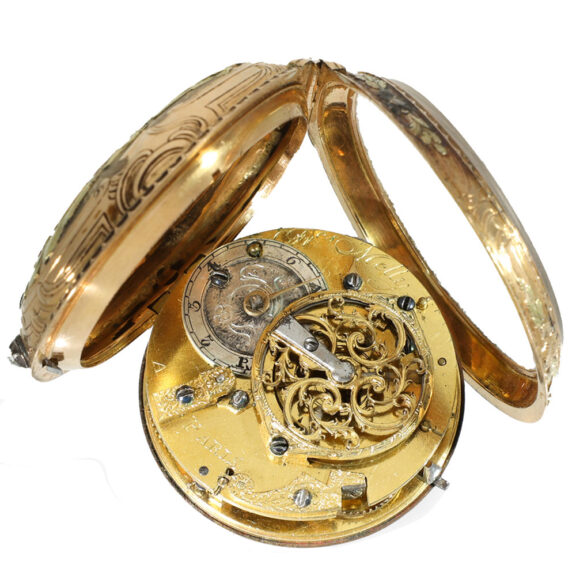 French 18 carat gold Rococo verge watch set with diamonds Circa 1760 French 18 carat gold Rococo verge watch set with diamonds Circa 1760