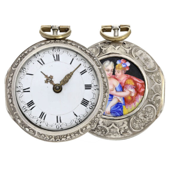 English silver pair cased verge with erotic scene Circa 1752