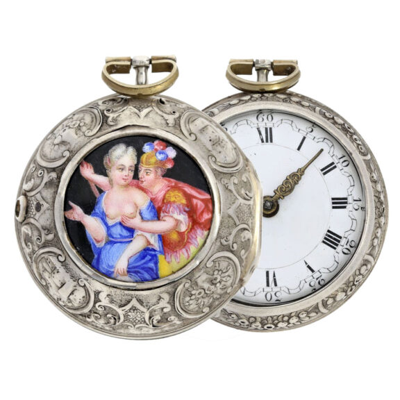 English silver pair cased verge with erotic scene Circa 1752 English silver pair cased verge with erotic scene Circa 1752