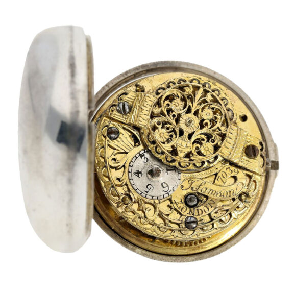 English silver pair cased verge with erotic scene Circa 1752 English silver pair cased verge with erotic scene Circa 1752