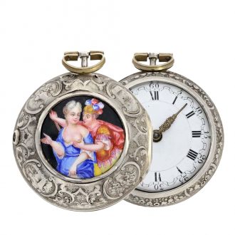 English pair case verge watch with rare enamel cartouche Circa 1752
