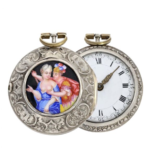 English pair case verge watch with rare enamel cartouche Circa 1752 English pair case verge watch with rare enamel cartouche Circa 1752