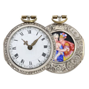 English pair case verge watch with rare enamel cartouche Circa 1752