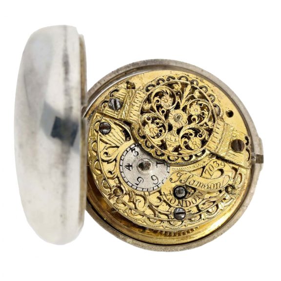 English pair case verge watch with rare enamel cartouche Circa 1752 English pair case verge watch with rare enamel cartouche Circa 1752