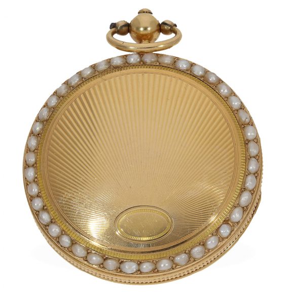 French 18 Carat gold decorative Spindeluhr (verge) with pearls Circa 1800 French 18 Carat gold decorative Spindeluhr (verge) with pearls Circa 1800
