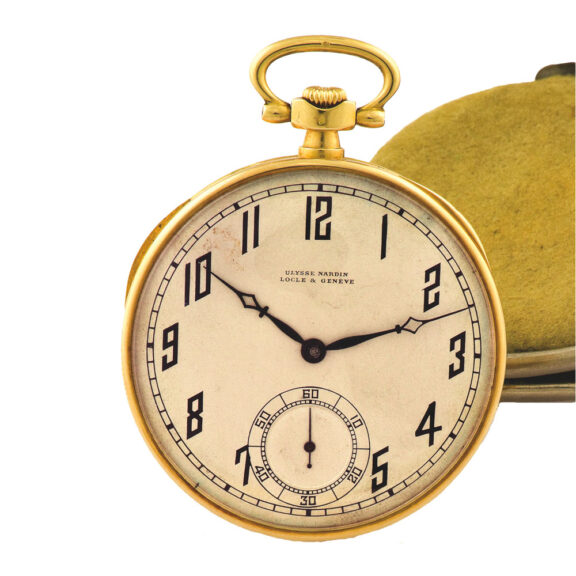 Swiss yellow gold open faced lever watch with pouch Circa 1910