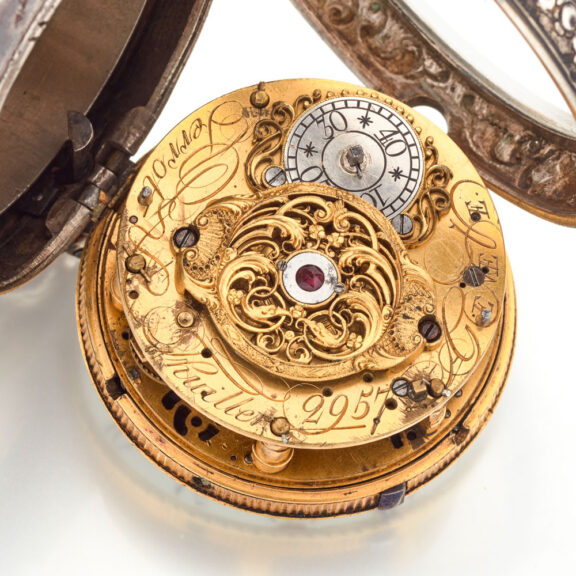 Fine Swiss silver repousse watch with alarm Circa 1730 Fine Swiss silver repousse watch with alarm Circa 1730