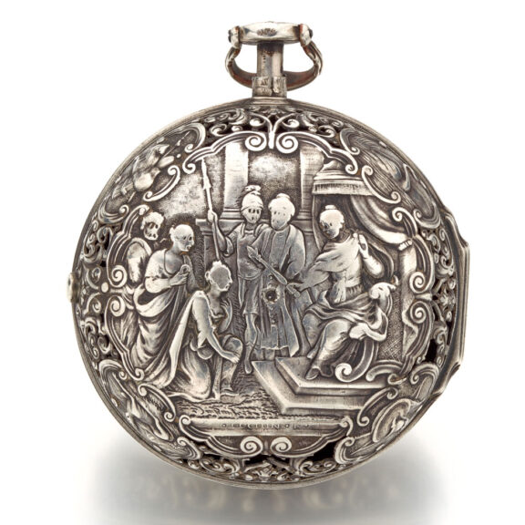 Fine Swiss silver repousse watch with alarm Circa 1730 Fine Swiss silver repousse watch with alarm Circa 1730