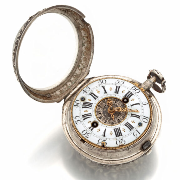 Fine Swiss silver repousse watch with alarm Circa 1730 Fine Swiss silver repousse watch with alarm Circa 1730