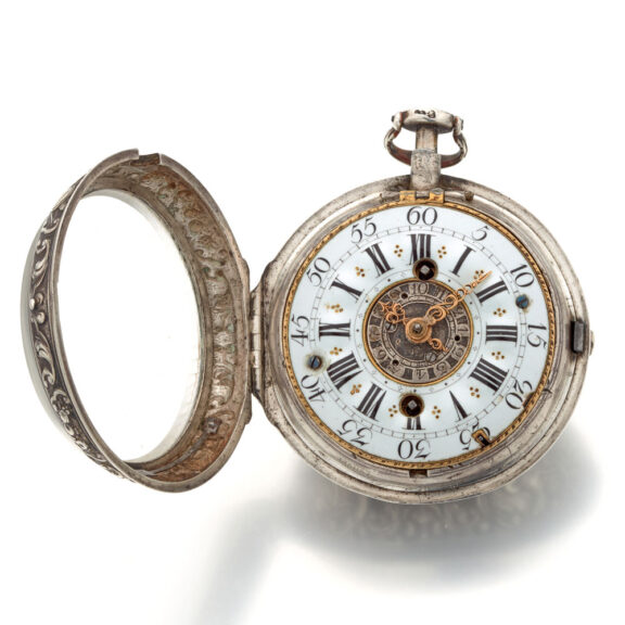 Fine Swiss silver repousse watch with alarm Circa 1730 Fine Swiss silver repousse watch with alarm Circa 1730