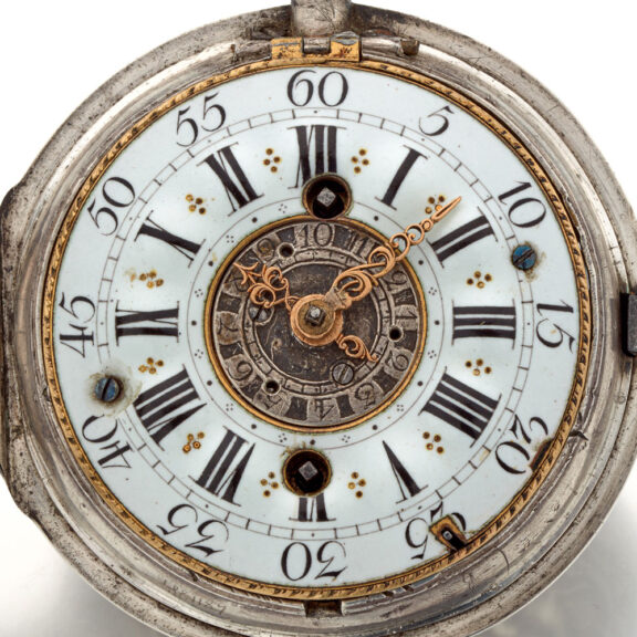 Fine Swiss silver repousse watch with alarm Circa 1730 Fine Swiss silver repousse watch with alarm Circa 1730