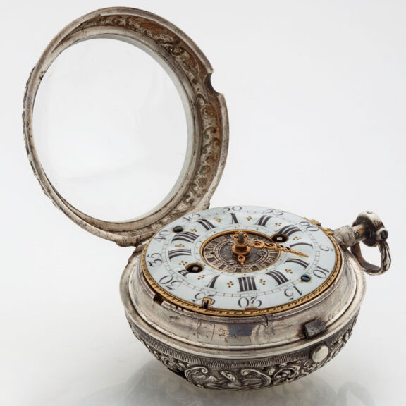 Fine Swiss silver repousse watch with alarm Circa 1730 Fine Swiss silver repousse watch with alarm Circa 1730