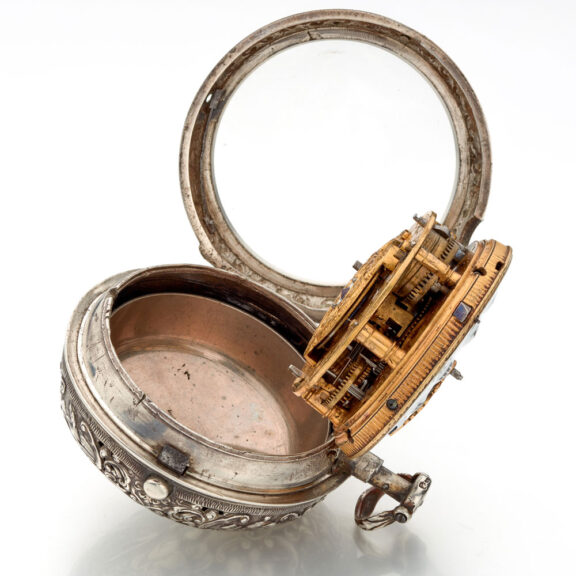 Fine Swiss silver repousse watch with alarm Circa 1730 Fine Swiss silver repousse watch with alarm Circa 1730