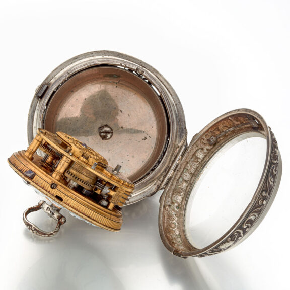 Fine Swiss silver repousse watch with alarm Circa 1730 Fine Swiss silver repousse watch with alarm Circa 1730
